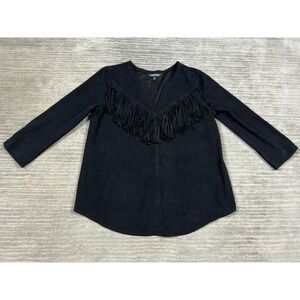 Express Top Women Small Black 3/4 Sleeve V-Neck Polyester Blend Tasseled Western
